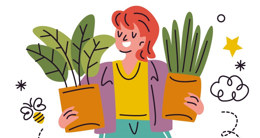 Illustration von einer glücklichen Frau mit 2 Zimmerpflanzen in den Händen